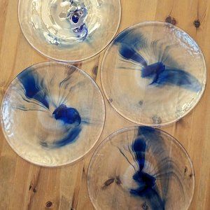 Bormioli Rocco Murano Cobalt Blue Swirl Clear Glass Dinner Plates 11” (Set Of 4)